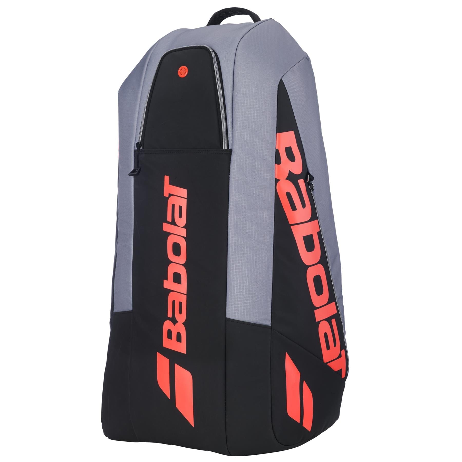 The Babolat RH6 Pure Strike 6 Racket Tennis Bag in Carbon Grey features bold red Babolat logos, a top handle, and a waterproof shoe compartment to keep your gear organized.