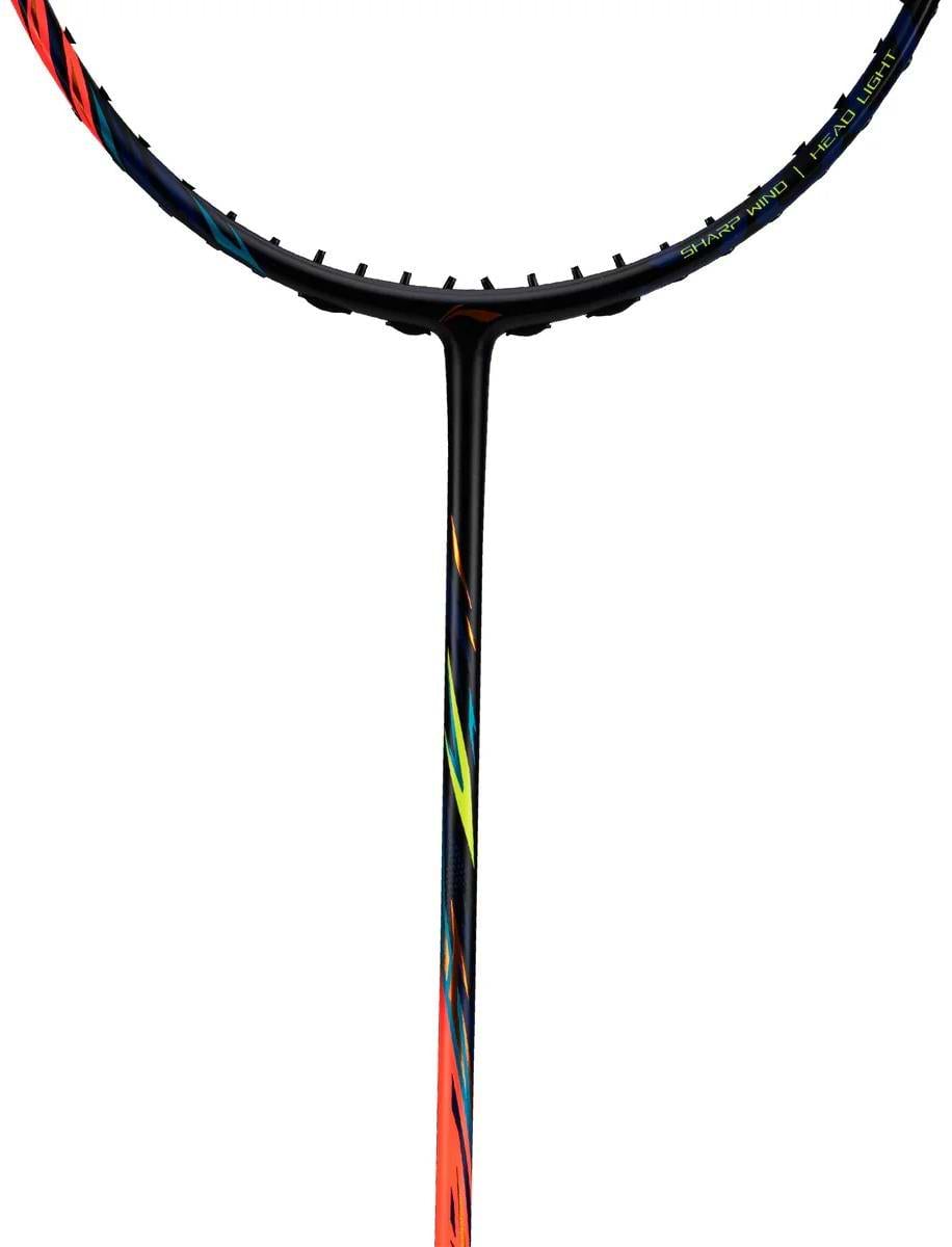 Close-up of the Li-Ning BladeX 500 4U Badminton Racket - Neon True Orange, showcasing the vibrant shaft and lower head design with TB Nano Technology by Li-Ning on a white background.