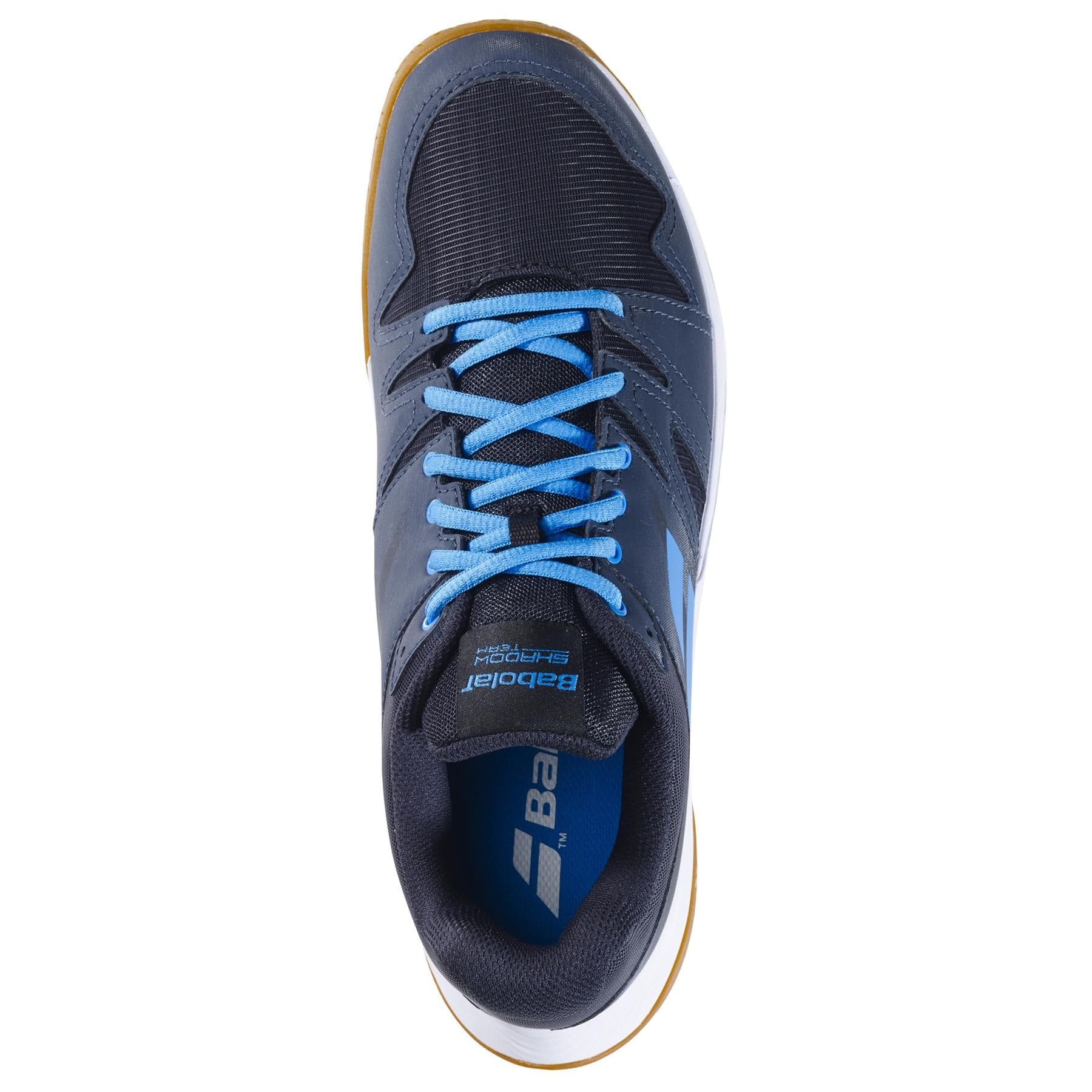 A single Babolat Shadow Team 2 Men's Badminton Shoe in black/grey with blue laces, a white and brown Michelin rubber sole, and "Babolat" branding on the tongue, shown top-down on a white background.