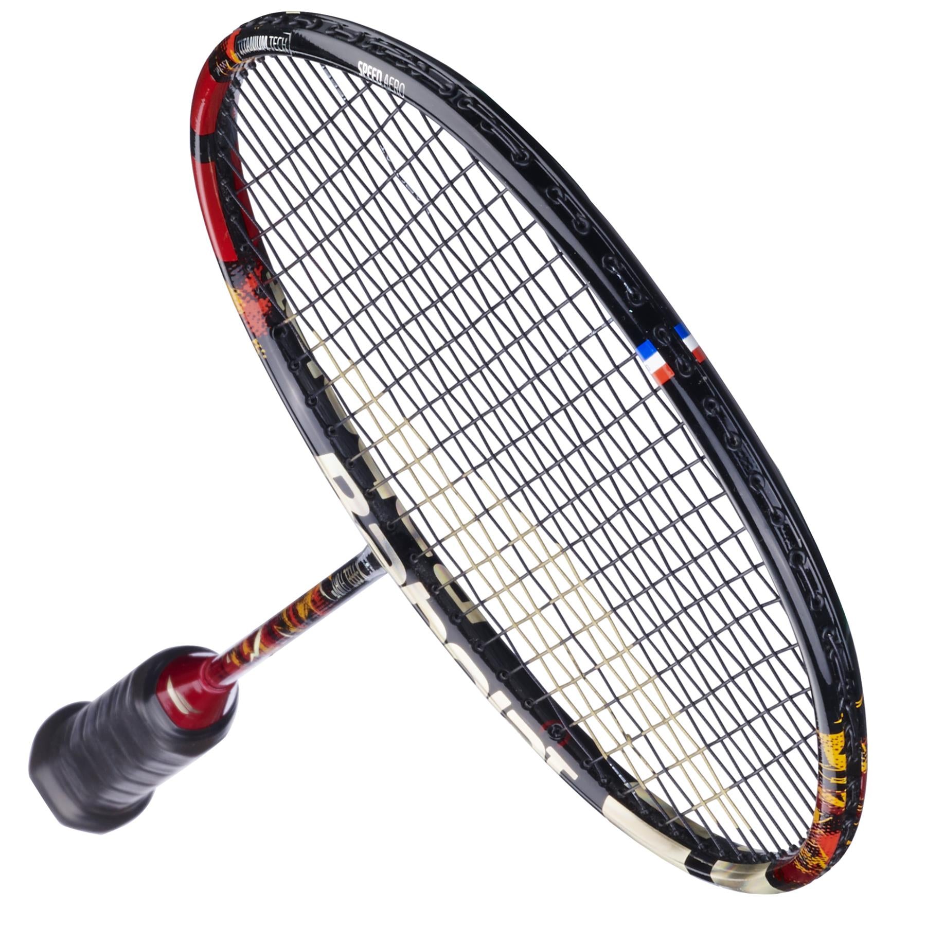 A tilted close-up of the Babolat X-Feel Fury 2026 3U Badminton Racket by Babolat, featuring a black and red frame, white strings, and black grip, highlights its power potential against a white background.
