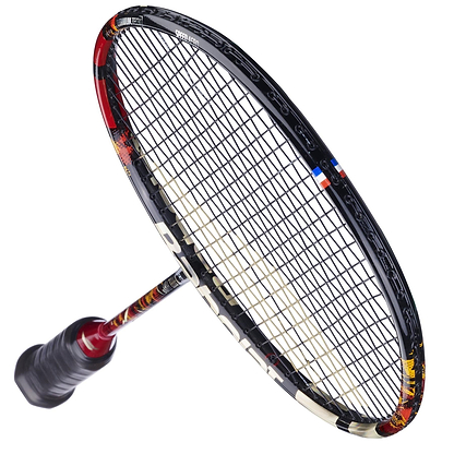 A tilted close-up of the Babolat X-Feel Fury 2026 3U Badminton Racket by Babolat, featuring a black and red frame, white strings, and black grip, highlights its power potential against a white background.