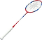 The Sure Shot London Full Size Badminton Racket, from the brand Sure Shot, features a red, blue, and white frame with an isometric head for optimized shots. Its white handle matches the grid-patterned strings. Positioned diagonally against a white background, it combines style and functionality perfectly.