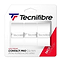 The image shows a package of Tecnifibre Contact Pro Badminton Overgrip - 3 Pack in white, highlighting its improved tacky effect. The package contains three overgrip rolls, with text that emphasizes "strong tackiness & long-lasting" for optimal grip performance.