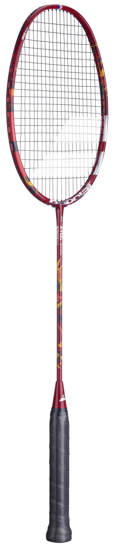 The Babolat X-Feel Spark 2026 3U Badminton Racket features a red frame, black grip, white strings, and vibrant accents to enhance power potential. Displayed against a white background. Brand: Babolat.