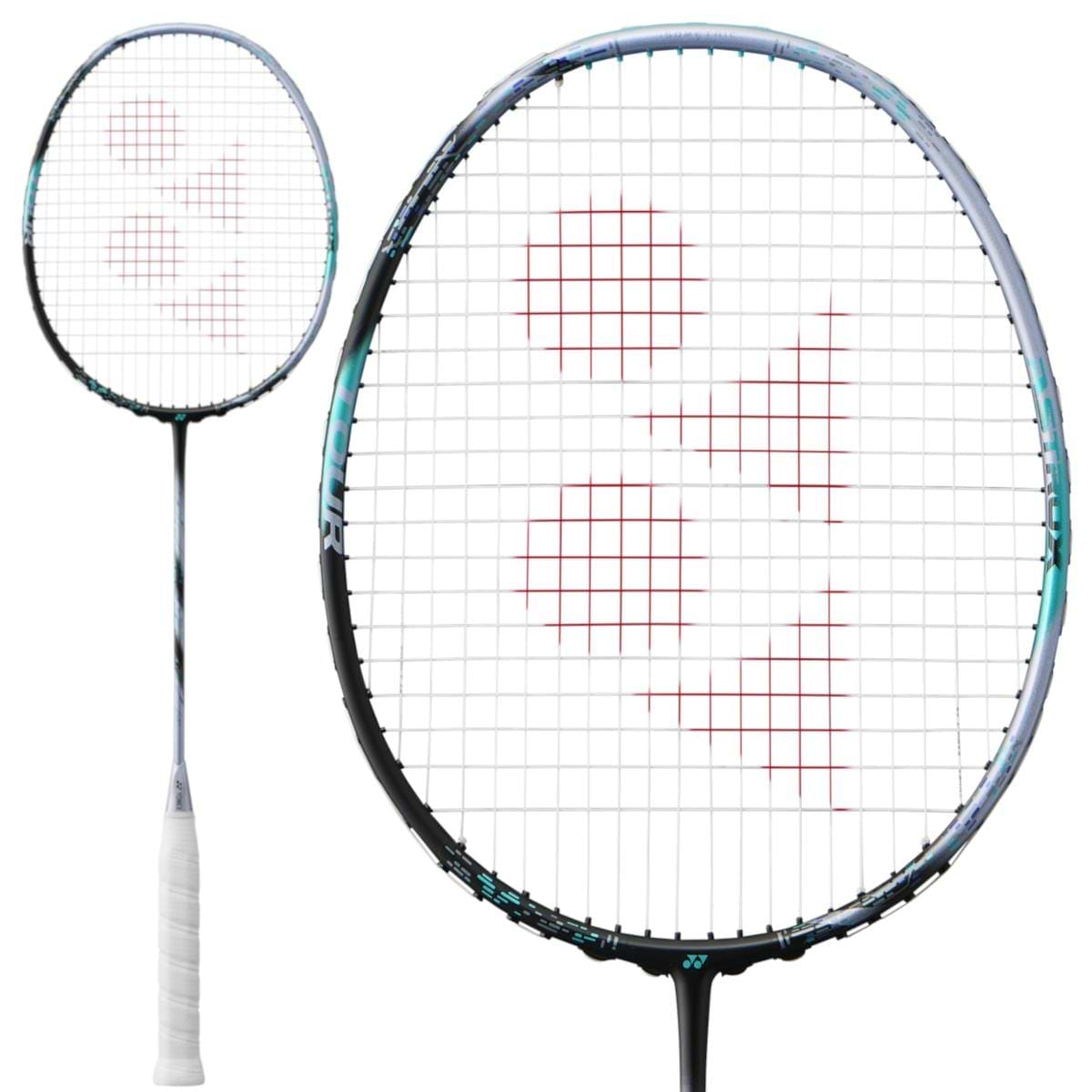 The Yonex Astrox 88D Tour 4U Gen 3 2024 badminton racket boasts a black and silver frame with a white grip, ideal for defensive players. The strings, adorned with red logos, enhance its smashing power. You can view it in both full length and partial perspectives.