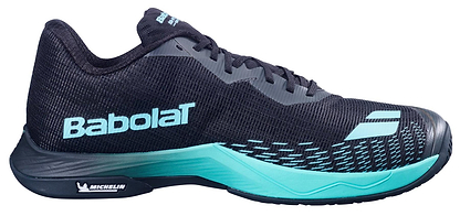 The Babolat Shadow Spirit 2 Men's Badminton Shoes in black and cyan feature a mesh upper with turquoise details, white Michelin sole branding, and are engineered by Babolat for top sports performance.