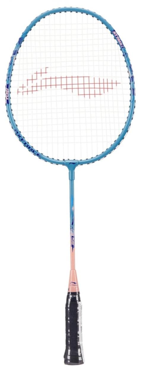 The Li-Ning Axforce Kids Play Junior Badminton Racket combines an azure blue frame, black grip tape, and a lightweight head with vibrant red and pink patterned strings. Ideal for young aspiring players!.
