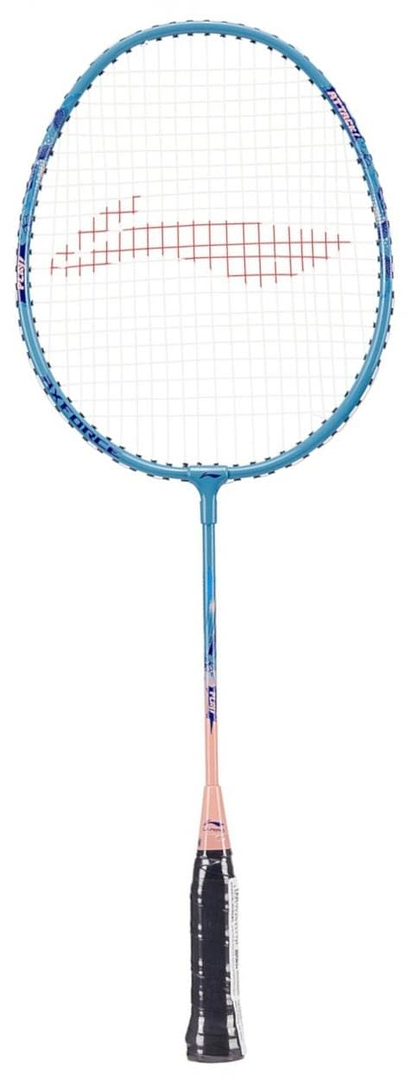 The Li-Ning Axforce Kids Play Junior Badminton Racket combines an azure blue frame, black grip tape, and a lightweight head with vibrant red and pink patterned strings. Ideal for young aspiring players!.