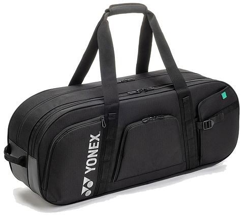 The Yonex BA72631WEX Gearlogic Tournament Badminton Bag in black offers a sleek look and a comfortable strap, making it perfect for carrying your essentials to any tournament.