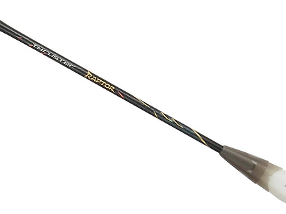 A close-up of the Victor Thruster Raptor C 4U Badminton Racket by Victor in black and gold, featuring "THRUSTER RAPTOR" text and design elements that evoke attack-oriented performance.