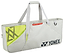 The Yonex 52531VA Viktor Axelsen Club Tournament Badminton Bag in Greyish Beige features white handles, a zippered top, neon yellow mesh pocket, and Yonex logo on the front. Perfect for carrying sports equipment and rackets.