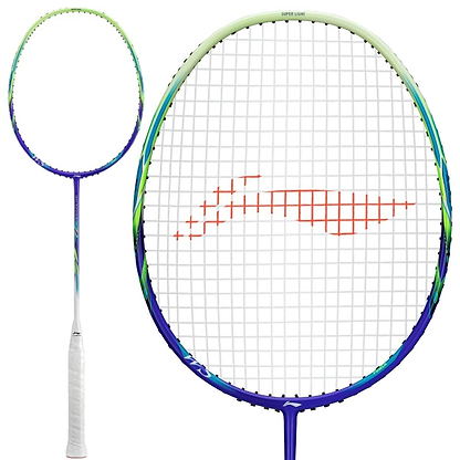 The Li-Ning Windstorm 72 Power 6U Badminton Racket—Purple—features a white grip, blue and green frame, white strings with a red center pattern, and TB Nano Technology, shown in both full and close-up views.