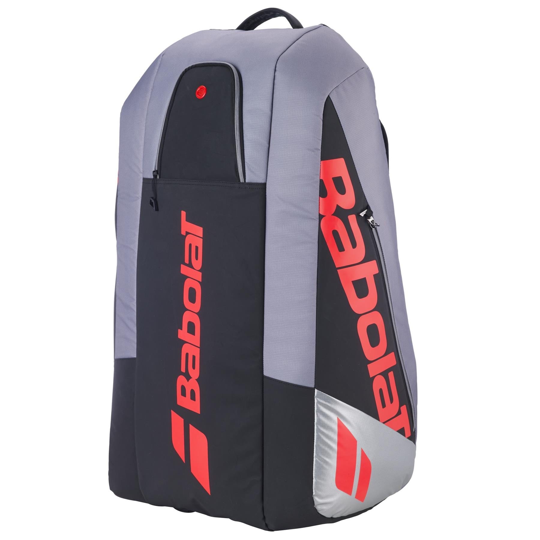 The Babolat RH9 Pure Strike 9 Racket Tennis Bag in Carbon Grey features water-repellent material, red branding, multiple compartments, and a top carry handle.