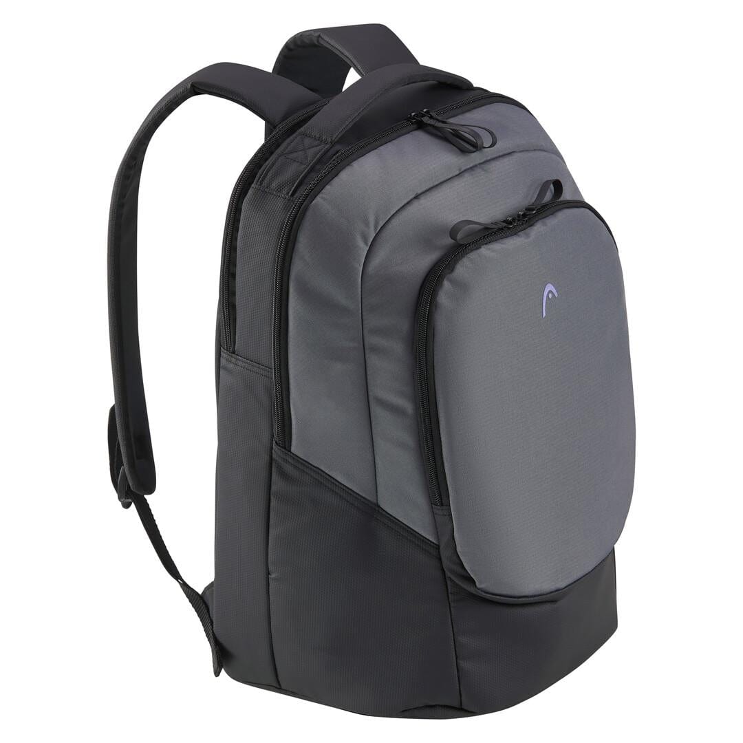 Meet the HEAD Pro X Badminton Backpack 30L in Black/Dark Grey: a stylish, modern backpack crafted from eco-conscious materials. With padded shoulder straps and multiple compartments, it's ideal for badminton players, featuring a small logo on the front pocket and sturdy zippers for durability.