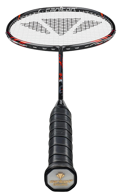 The Carlton GP-X 85 3U Badminton Racket in black/red features a white string bed, the Carlton England logo on the handle cap, and is crafted with Japanese High Modulus Graphite for advanced performance.