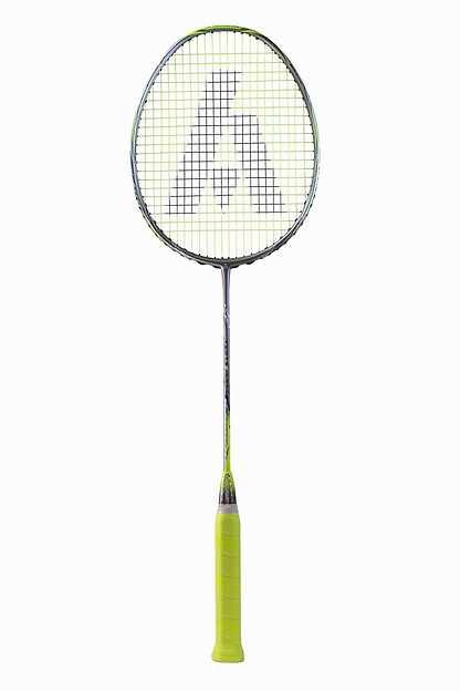 The Ashaway Phantom Shard 4 4U Badminton Racket features a neon green grip and Zymax 68TX strings, intricately woven with a gray design. The metallic frame is highlighted by yellow and gray accents, contrasting against a plain white background.