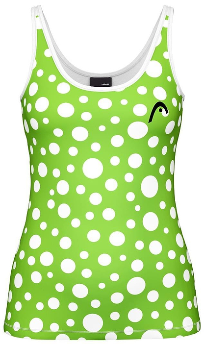 The HEAD Spirit II Womens Badminton Tank Top - IGXR, by HEAD, is green with various-sized white circles and a small black logo on the left chest. It features moisture transfer microfiber for enhanced cooling technology.