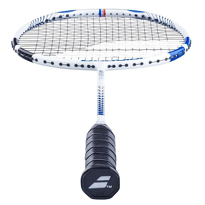 Close-up view of the Babolat Satelite Rise Badminton Racket in white and blue, featuring a black grip and strings. The Babolat logo is prominently displayed on the butt of the handle. It boasts a head light design and Shot Optimizer technology, with strings creating a grid pattern in its sleek, modern design.