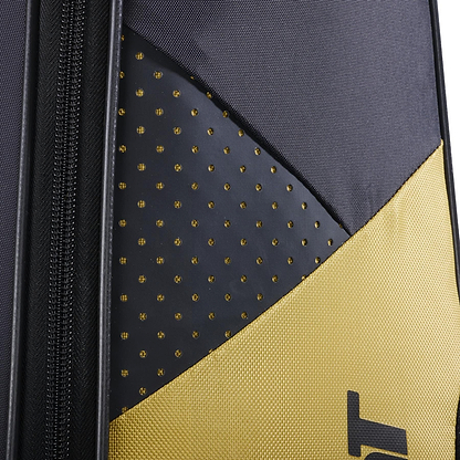 Close-up of the Babolat Backrack 3 Badminton Bag by Babolat, featuring black, dark grey, and yellow panels with small yellow dots on black and a vertical zipper along the left side.