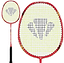 The Carlton Tru-Storm ASi 200 Badminton Racket features a durable red frame, yellow strings, and a black geometric logo on the head, shown in full and close-up views.
