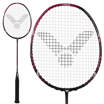 The Victor Ultramate 8 4U badminton racket features a black handle and eye-catching magenta accents on the frame. Its head-heavy balance complements strings displaying the Victor logo, shown in full view with a close-up of its precisely crafted head.