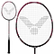 The Victor Ultramate 8 4U badminton racket features a black handle and eye-catching magenta accents on the frame. Its head-heavy balance complements strings displaying the Victor logo, shown in full view with a close-up of its precisely crafted head.