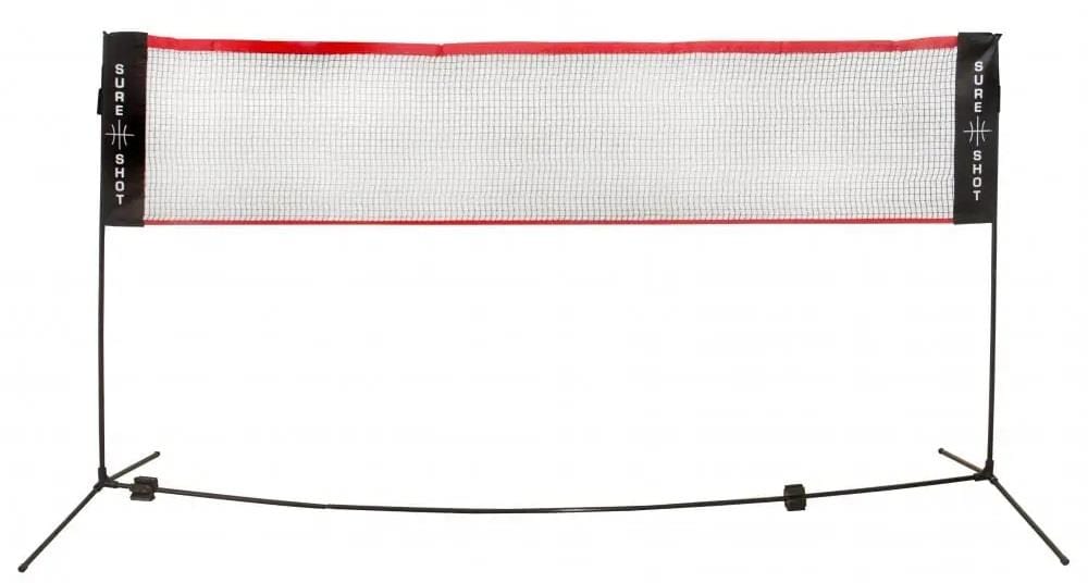 The Sure Shot Badminton 3m Net And Post Set features a lightweight, adjustable-height net with black posts and a white mesh center accented by red trim. "Sure Shot" branding adorns the sides, and it includes an easy-to-assemble frame for versatile play.