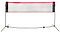 The Sure Shot Badminton 3m Net And Post Set features a lightweight, adjustable-height net with black posts and a white mesh center accented by red trim. "Sure Shot" branding adorns the sides, and it includes an easy-to-assemble frame for versatile play.