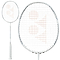 The Yonex Nanoflare Nextage 4U Badminton Racket in White/Grey features a white handle and orange logo pattern on the strings—shown in full and close-up views—making it perfect for intermediate players.