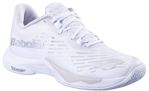 The Babolat Shadow Tour 5 Women’s Badminton Shoes – White feature a textured sole for excellent indoor grip, a breathable mesh upper, white laces, and the Babolat logo—designed for top on-court performance.