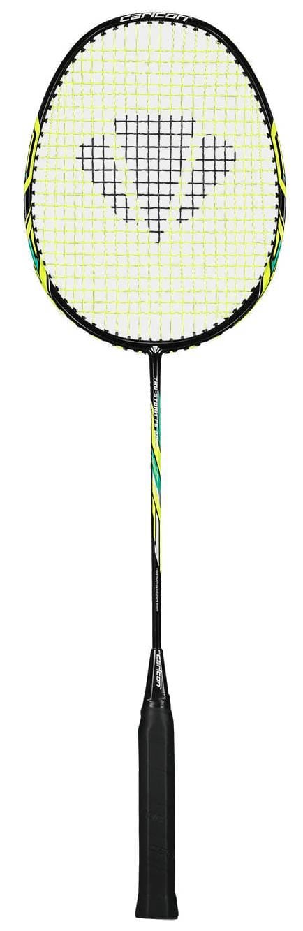 The Carlton Tru-Storm FS 2000 Badminton Racket by Carlton features a black handle, black and yellow shaft, and a yellow and white stringed head with a triangular logo in the center.