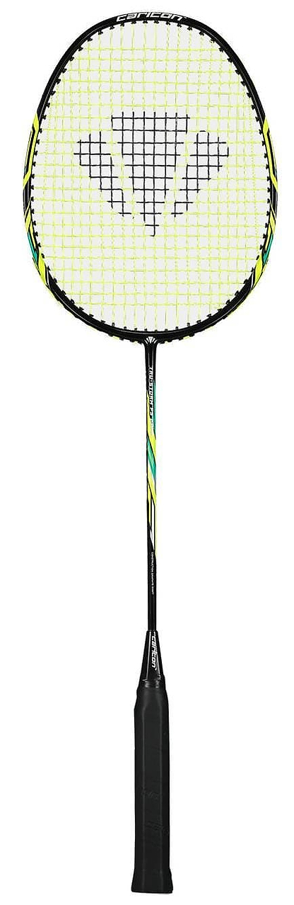 The Carlton Tru-Storm FS 2000 Badminton Racket by Carlton features a black handle, black and yellow shaft, and a yellow and white stringed head with a triangular logo in the center.