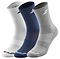 Side by side are three pairs of the Babolat Long 3 Pack Badminton Socks in white, blue, and gray. Each pair showcases ribbed cuffs and a subtle logo near the top. The white and gray socks include ventilated zones for enhanced comfort and support, featuring additional logos near the toes.