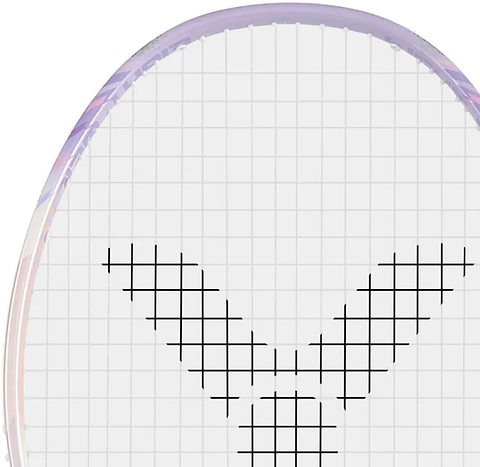 Close-up of the Victor Thruster K 66 AJ 7U Badminton Racket by Victor, featuring a lightweight white and purple frame and a string grid with a black V-shaped pattern at the center, shown on a plain white background.