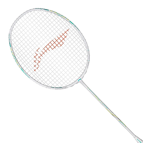 The Li-Ning Axforce 60 4UG6 Badminton Racket in white features a light blue and yellow design with red curved strings, advanced FRTP technology, and is shown against a plain white background.