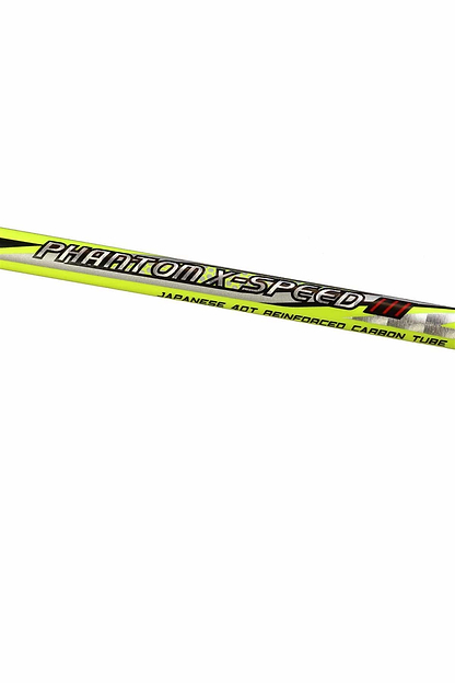 Close-up of a sports equipment handle featuring the "Ashaway Phantom X-Speed III Badminton Racket - Yellow" with a "Japanese ADT Reinforced Carbon Tube." The yellow handle is highlighted with bold black and white text, demonstrating the advanced Phantom Airflow System for optimized performance.