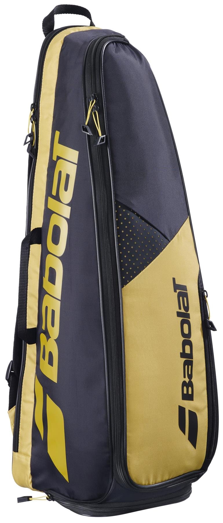 The Babolat Backrack 3 Badminton Bag in black and yellow stands upright, featuring zippered compartments, a top handle, side straps, and the bold Babolat logo on the side.
