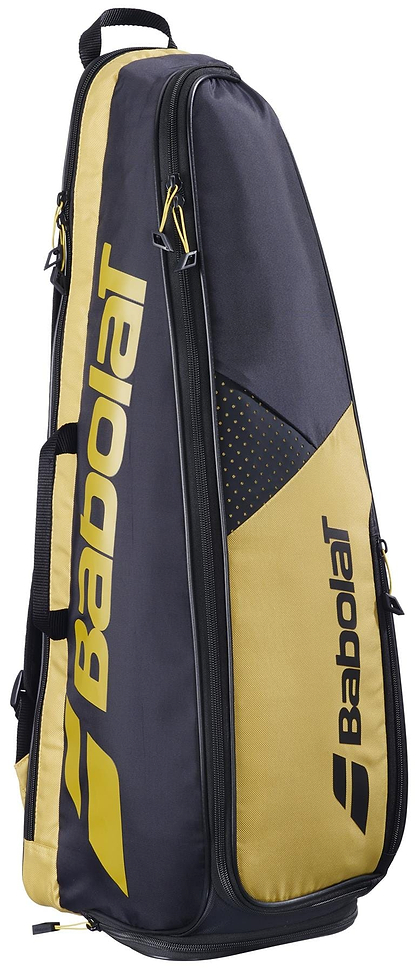 The Babolat Backrack 3 Badminton Bag in black and yellow stands upright, featuring zippered compartments, a top handle, side straps, and the bold Babolat logo on the side.
