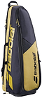 The Babolat Backrack 3 Badminton Bag in black and yellow stands upright, featuring zippered compartments, a top handle, side straps, and the bold Babolat logo on the side.