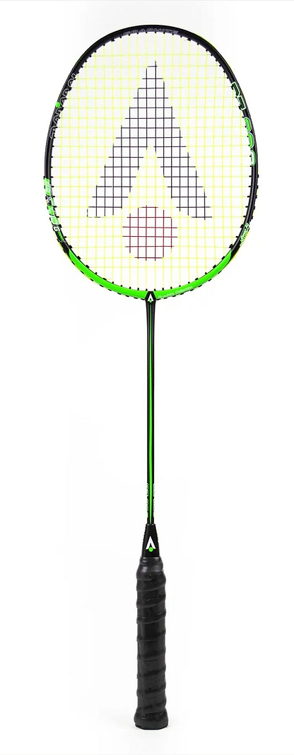 The Karakal Black Zone BZ 20 2.1 badminton racket showcases a black and green frame with an isometric head, featuring strings in a striking yellow, black, and red triangular pattern over a crisp white background.