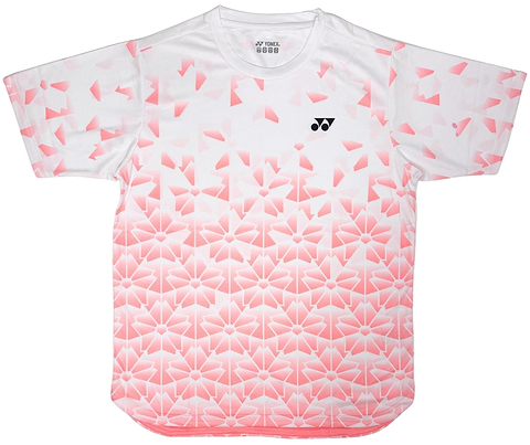 The Yonex YTM2025B Men's Badminton T-Shirt in white features a pink geometric floral gradient from the bottom up and a small black logo—delivering stylish comfort for any activity.