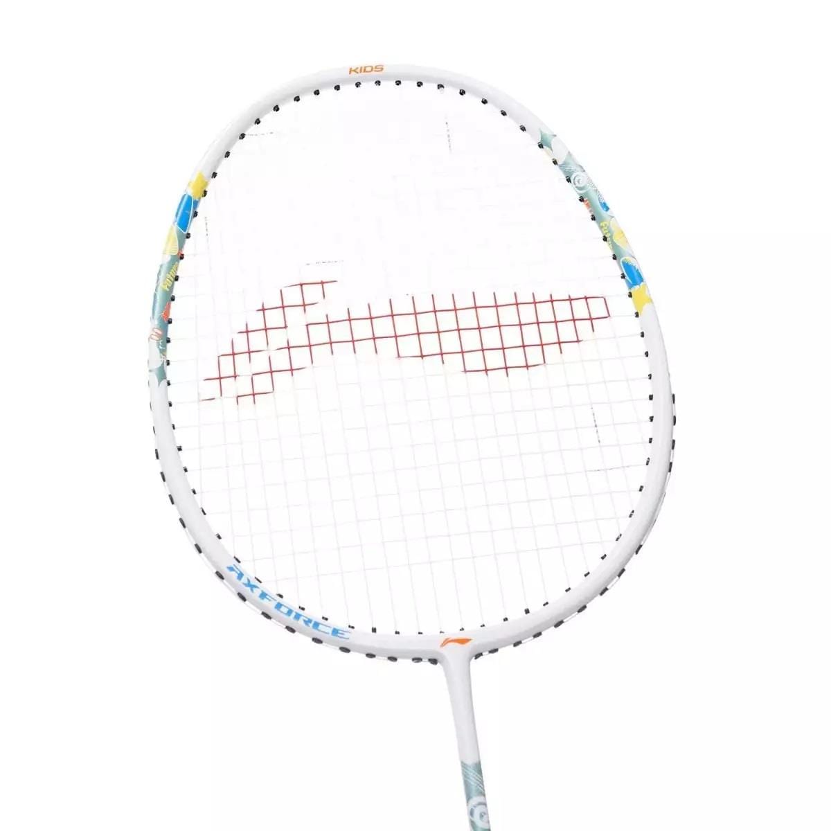 The Li-Ning Axforce Kids Play Junior Badminton Racket in Pearl White has a white frame with colorful designs and a red grid pattern on the strings. It's lightweight and features "KIDS" at the top, ideal for young players.