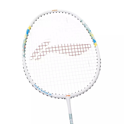 The Li-Ning Axforce Kids Play Junior Badminton Racket in Pearl White has a white frame with colorful designs and a red grid pattern on the strings. It's lightweight and features "KIDS" at the top, ideal for young players.