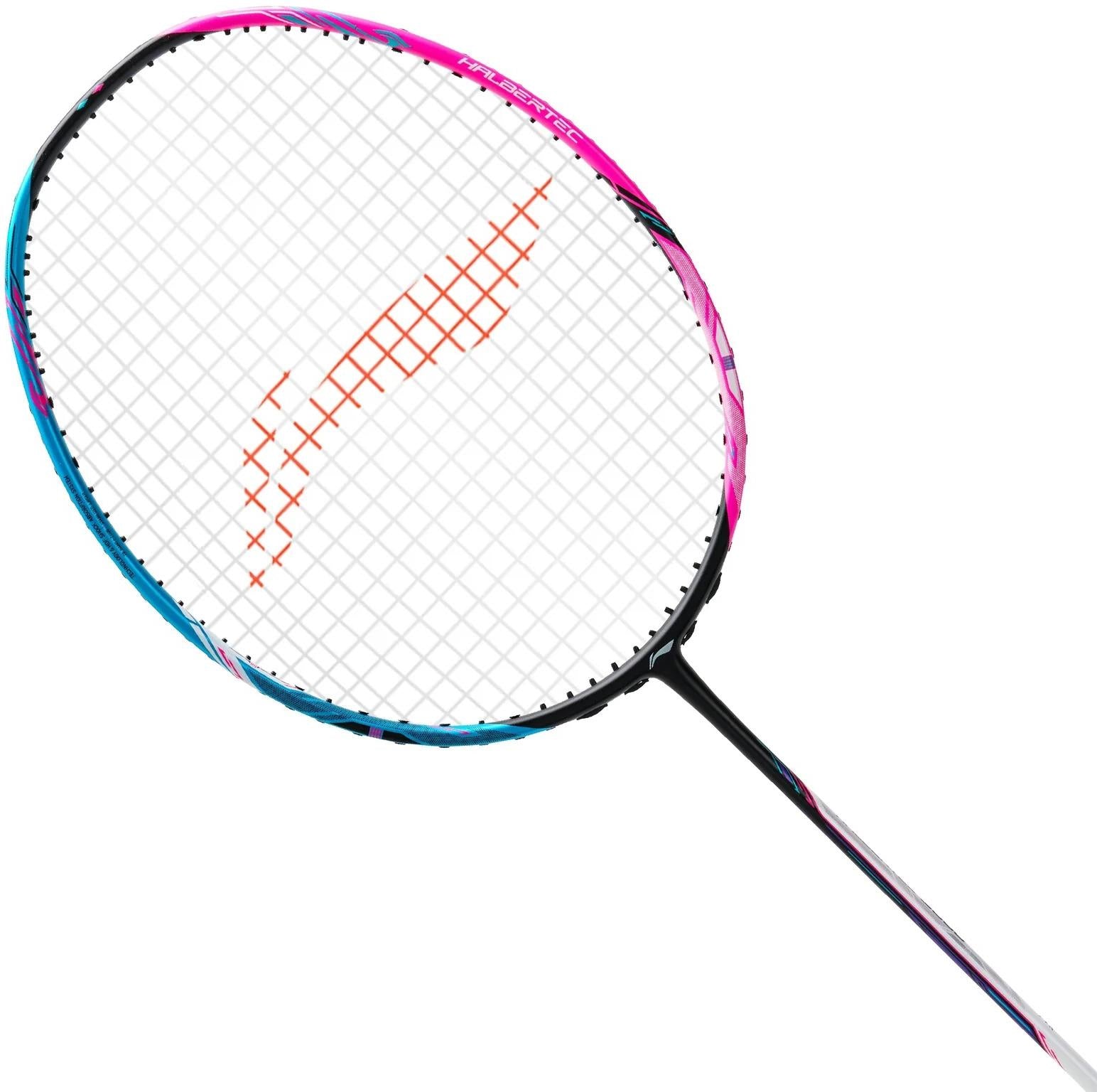 The Li-Ning Halbertec 8000 4U Badminton Racket in Capri Breeze/Neon Iridescent Pink features a dynamic frame with orange accents on the white string bed, shown against a white background.
