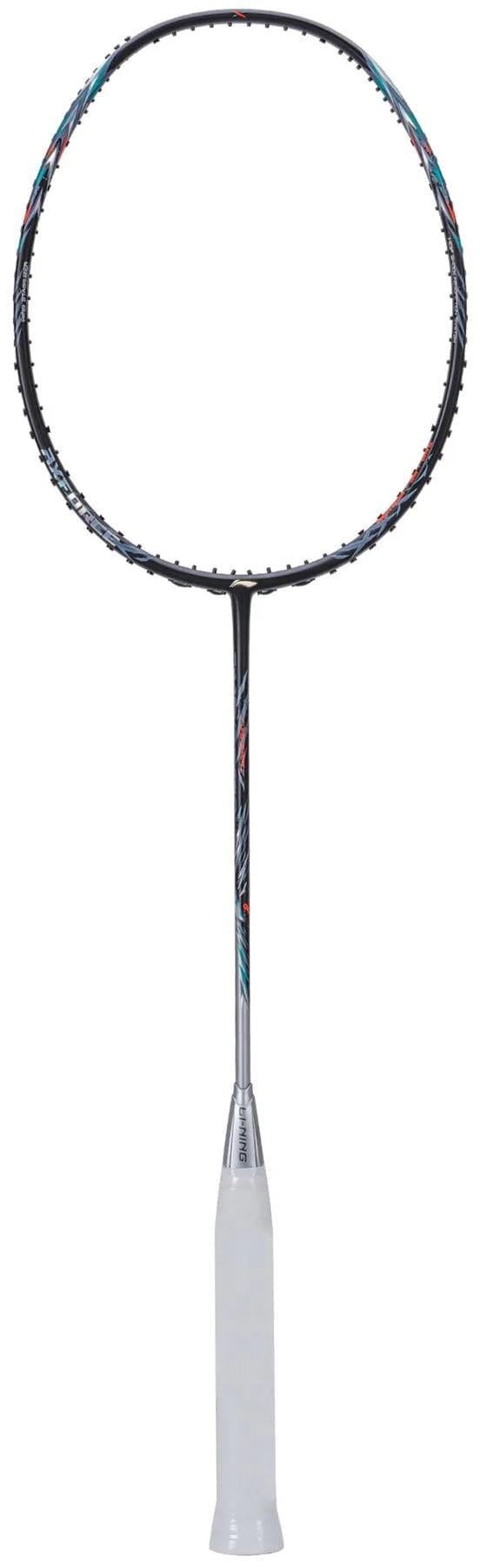 The Li-Ning Axforce 70 5U Badminton Racket in Black/Silver features an advanced design with a black frame, white grip, and colorful shaft details, displayed against a white background.