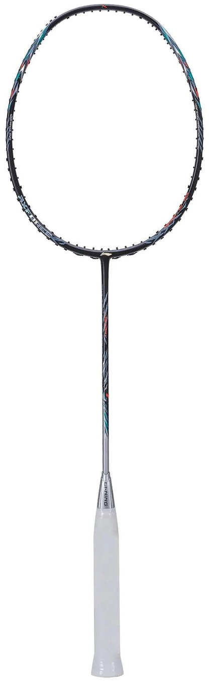 The Li-Ning Axforce 70 5U Badminton Racket in Black/Silver features an advanced design with a black frame, white grip, and colorful shaft details, displayed against a white background.