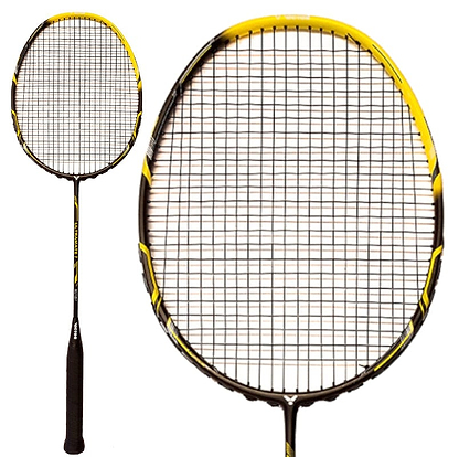 The image displays the Victor Ultramate 9 Badminton Racket in black and yellow, featuring a high-carbon frame. It includes a close-up of the racket's oval head and a full view that emphasizes its handle and design details.