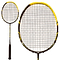 The image displays the Victor Ultramate 9 Badminton Racket in black and yellow, featuring a high-carbon frame. It includes a close-up of the racket's oval head and a full view that emphasizes its handle and design details.