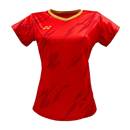 The Yonex YTL8 Women's Badminton T-Shirt in Red/Gold features a geometric pattern with short sleeves, a yellow collar, and a small upper left-side logo. Made from moisture-wicking polyester, it's designed for performance and perfect for badminton enthusiasts.