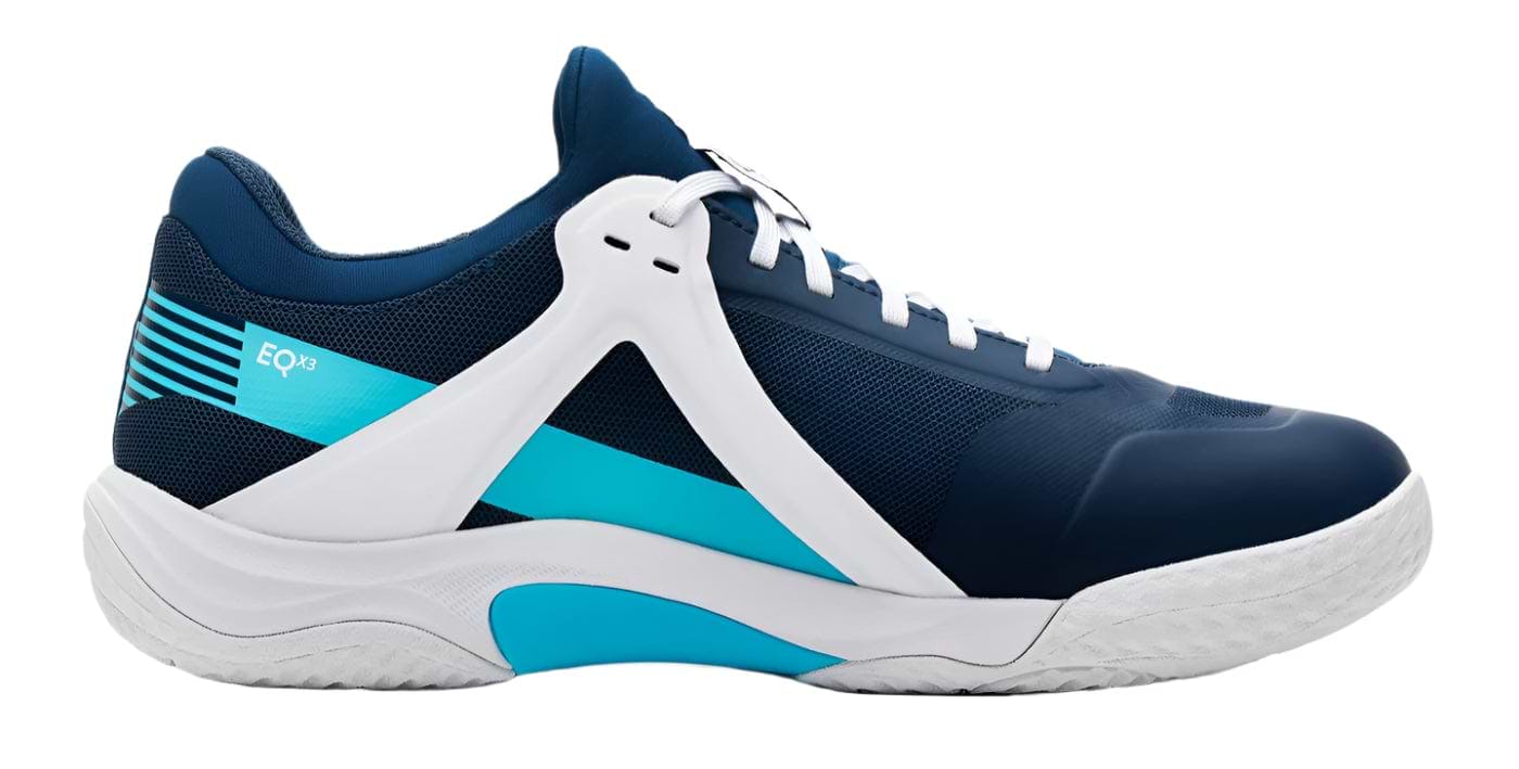 The Kanso Equilibrium EQx3 Badminton Shoes feature a navy athletic design with white and teal accents, a textured sole for optimal energy return, low-top silhouette, white laces, and geometric patterns on the sides against a plain backdrop.